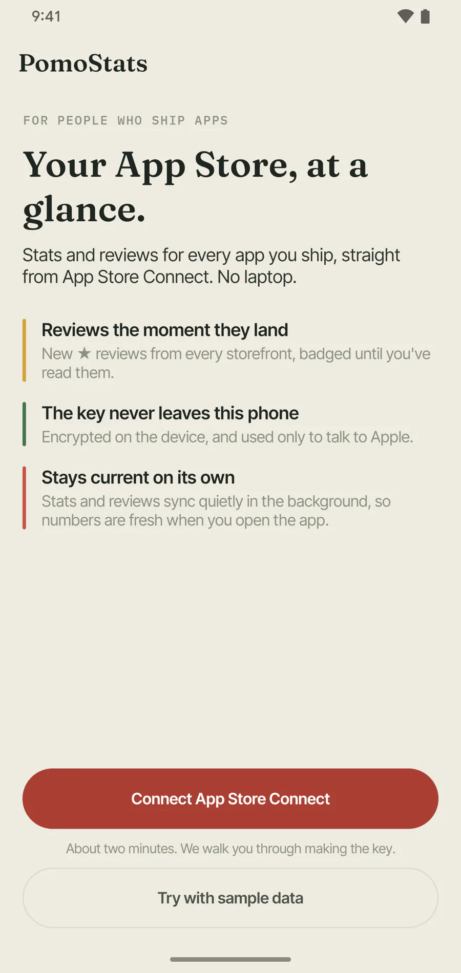 PomoStats onboarding welcome screen with a Try with sample data option below the App Store Connect key setup.