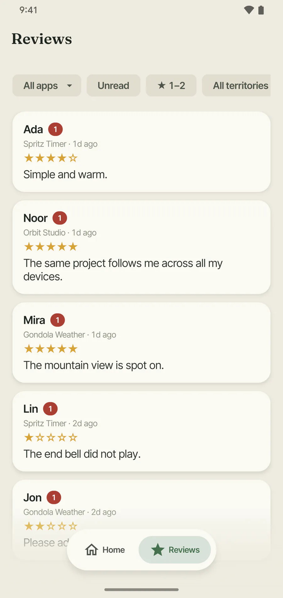 Reviews inbox with filter chips for all apps, unread, star rating and territory, listing reviews from Mira, Lin and Jon with their star ratings and text.